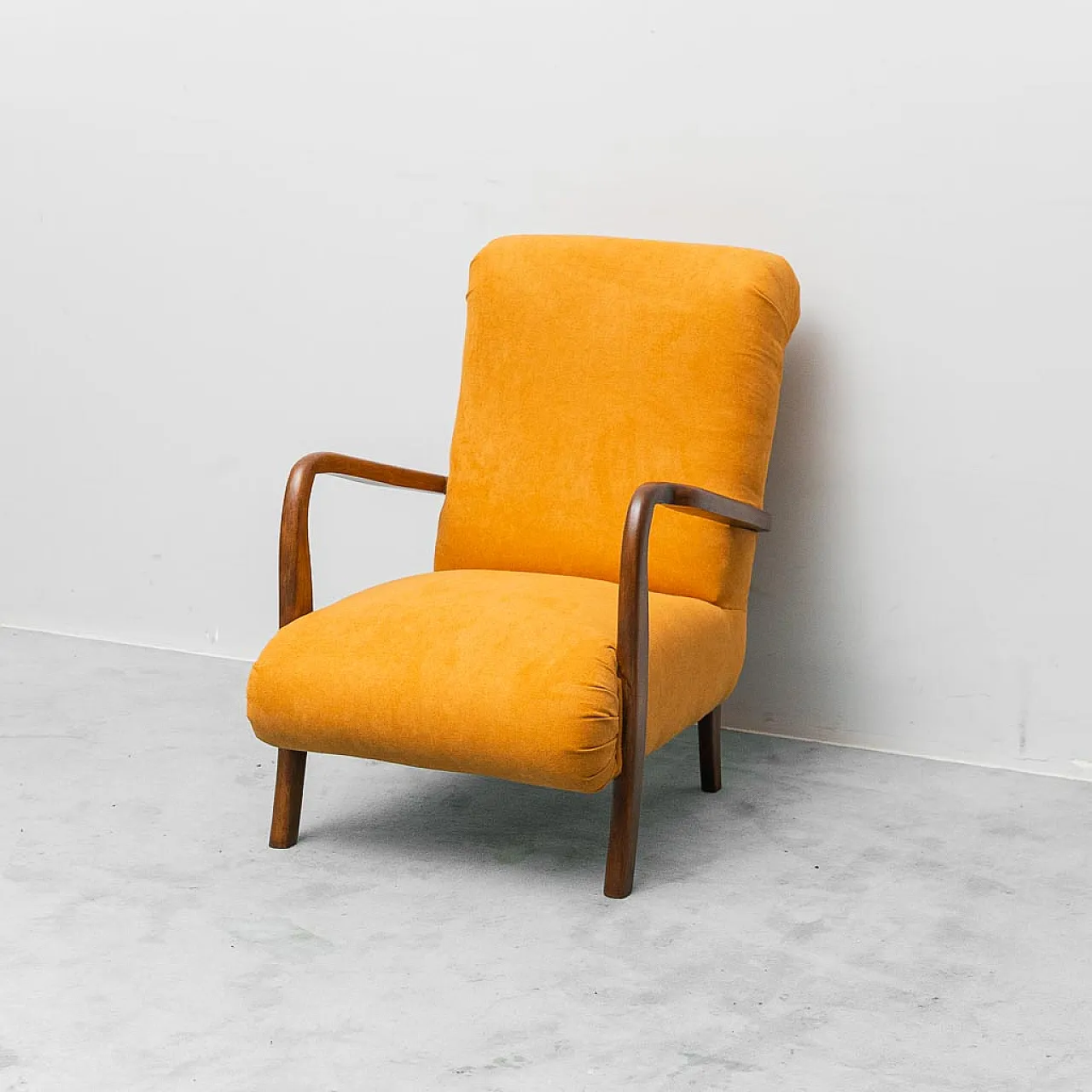 Armchair in wood and orange fabric, 1960s 1