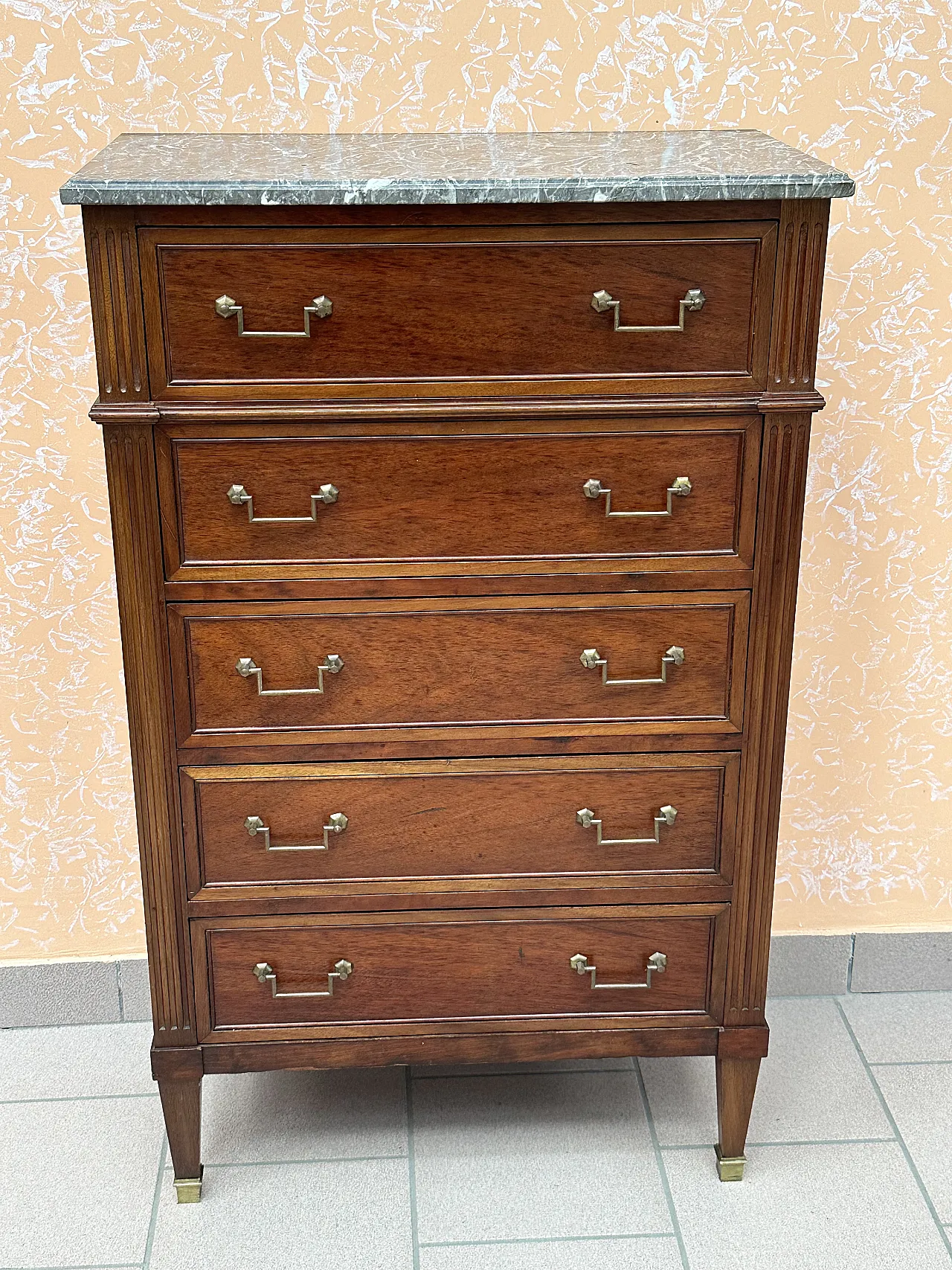 Settimanile Luigi XVI a 5 cassetti in mogano, bronzi, Francia,metà‘800 2