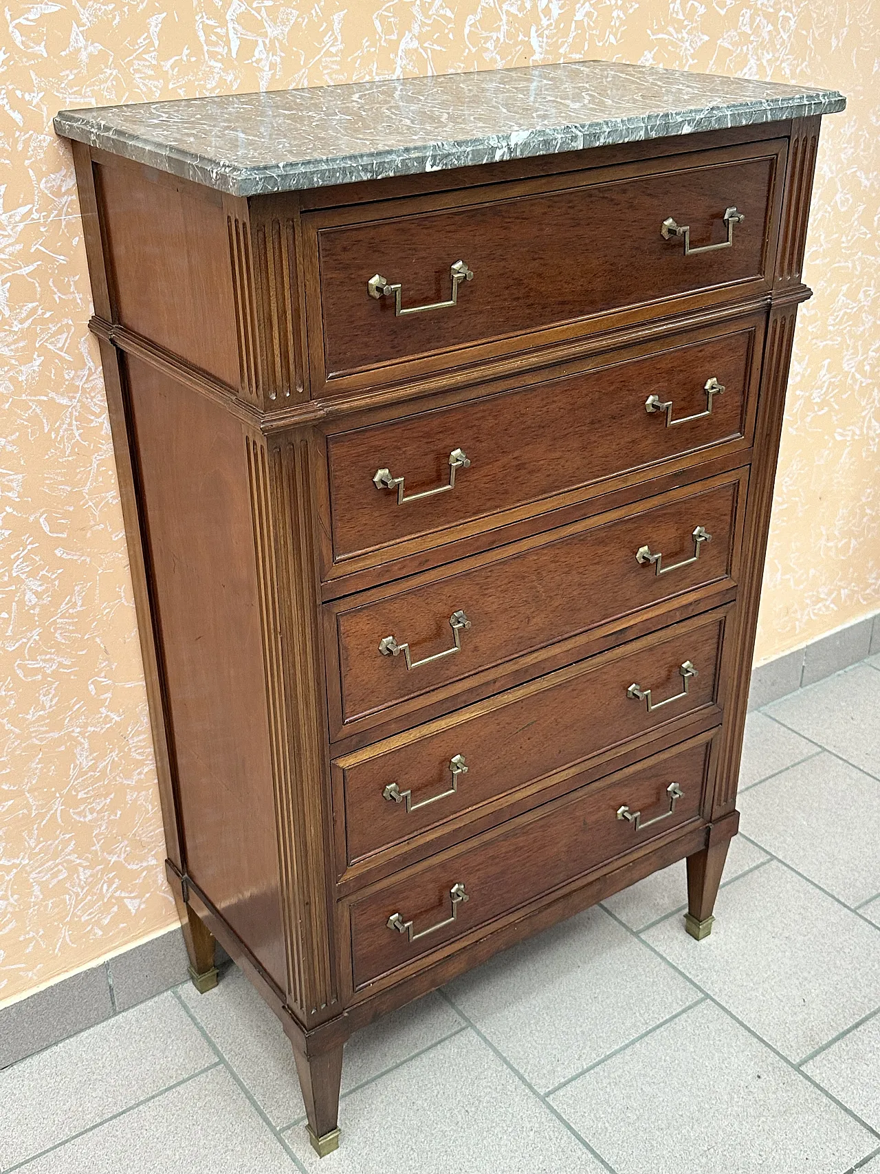 Settimanile Luigi XVI a 5 cassetti in mogano, bronzi, Francia,metà‘800 3