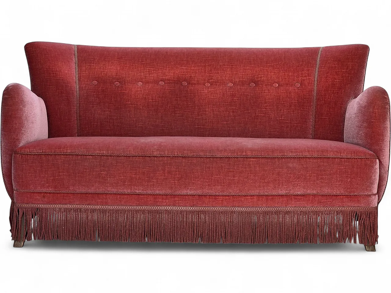 1970s, Danish 2-seater sofa, salmon pink furniture velour, oak wood. 21