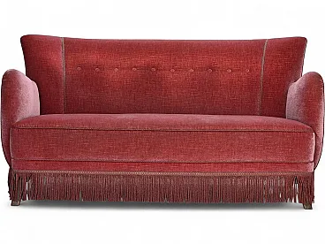 1970s, Danish 2-seater sofa, salmon pink furniture velour, oak wood.