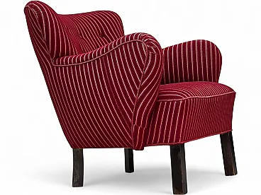 Anni '60, poltrona danese, mobili in lana a righe rosse, gambe in legno di quercia.