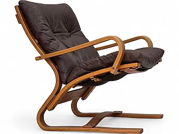 Anni '70, poltrona danese Komfort, pelle d'arredo, legno curvato.