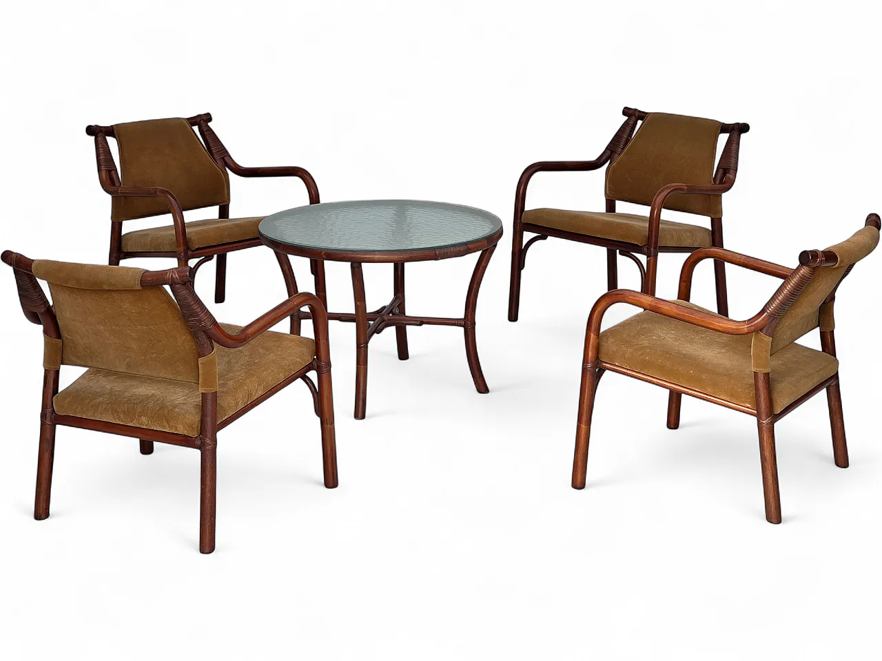 Anni '70, set di poltrone da caffè danesi, rattan, tessuto nabuk. 25