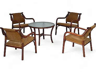 Anni '70, set di poltrone da caffè danesi, rattan, tessuto nabuk.