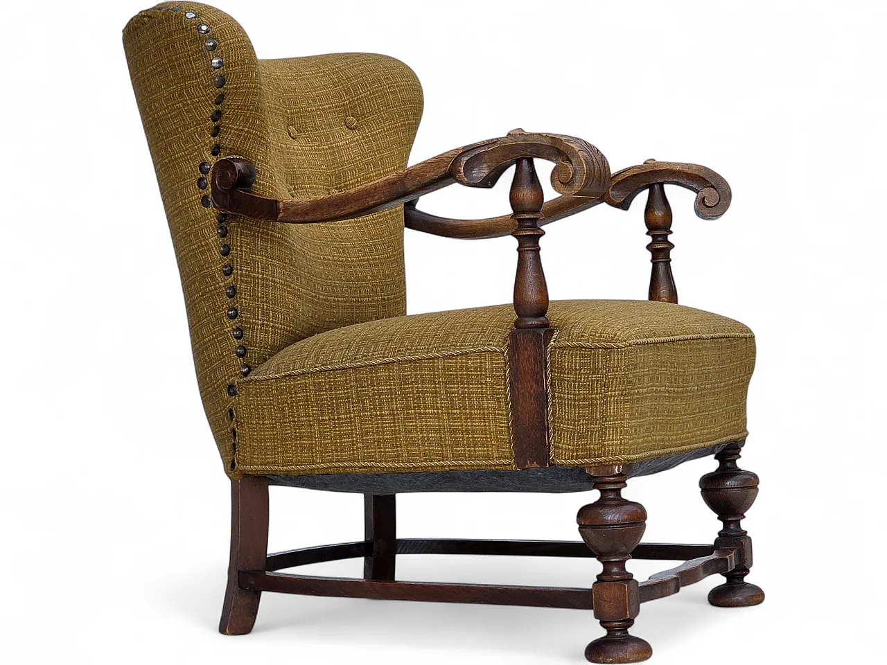 Anni '60, poltrona danese, arredamento originale in lana verde, legno di quercia. 16