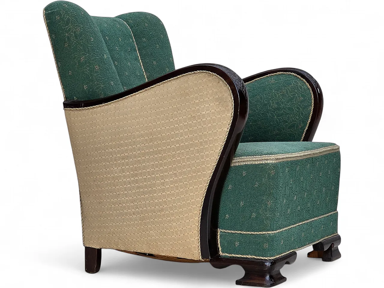 Anni '60, poltrona danese, arredamento in lana verde e beige. 23