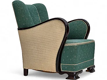 Anni '60, poltrona danese, arredamento in lana verde e beige.