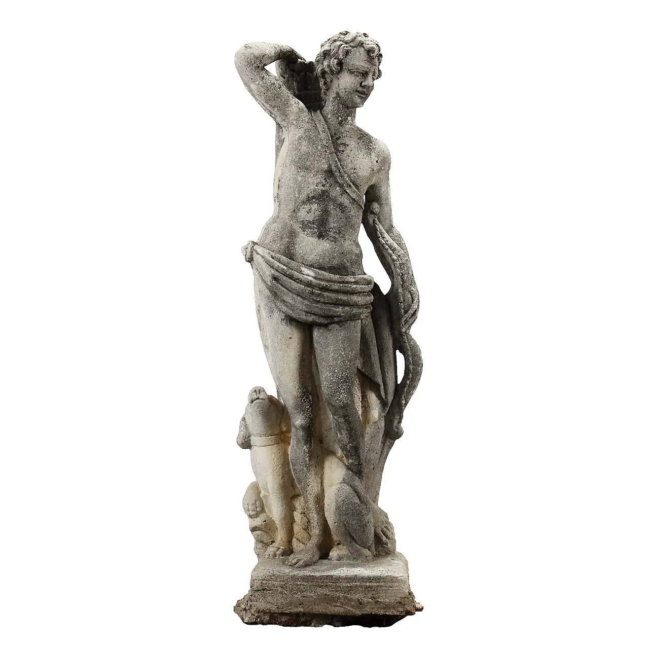 Scultura da giardino in graniglia di Apollo con cane 1