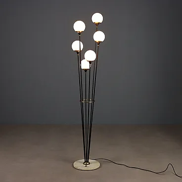 Lampada in marmo, metallo smaltato, ottone e vetro opalino, '900
