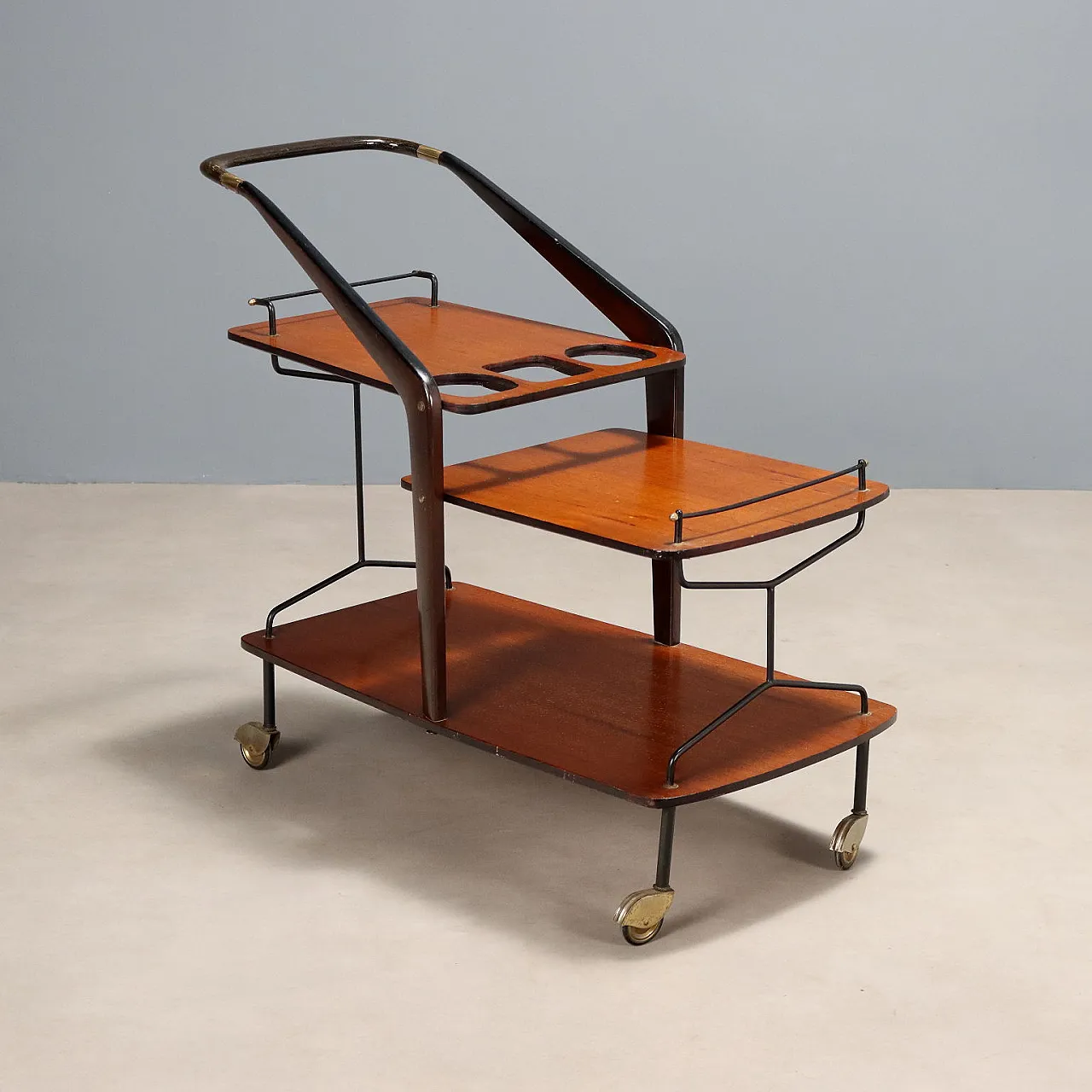 Carrello bar in teak, legno tinto ebano, metallo e ottone, '900 1