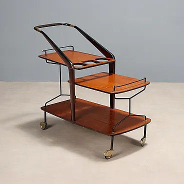 Carrello bar in teak, legno tinto ebano, metallo e ottone, '900