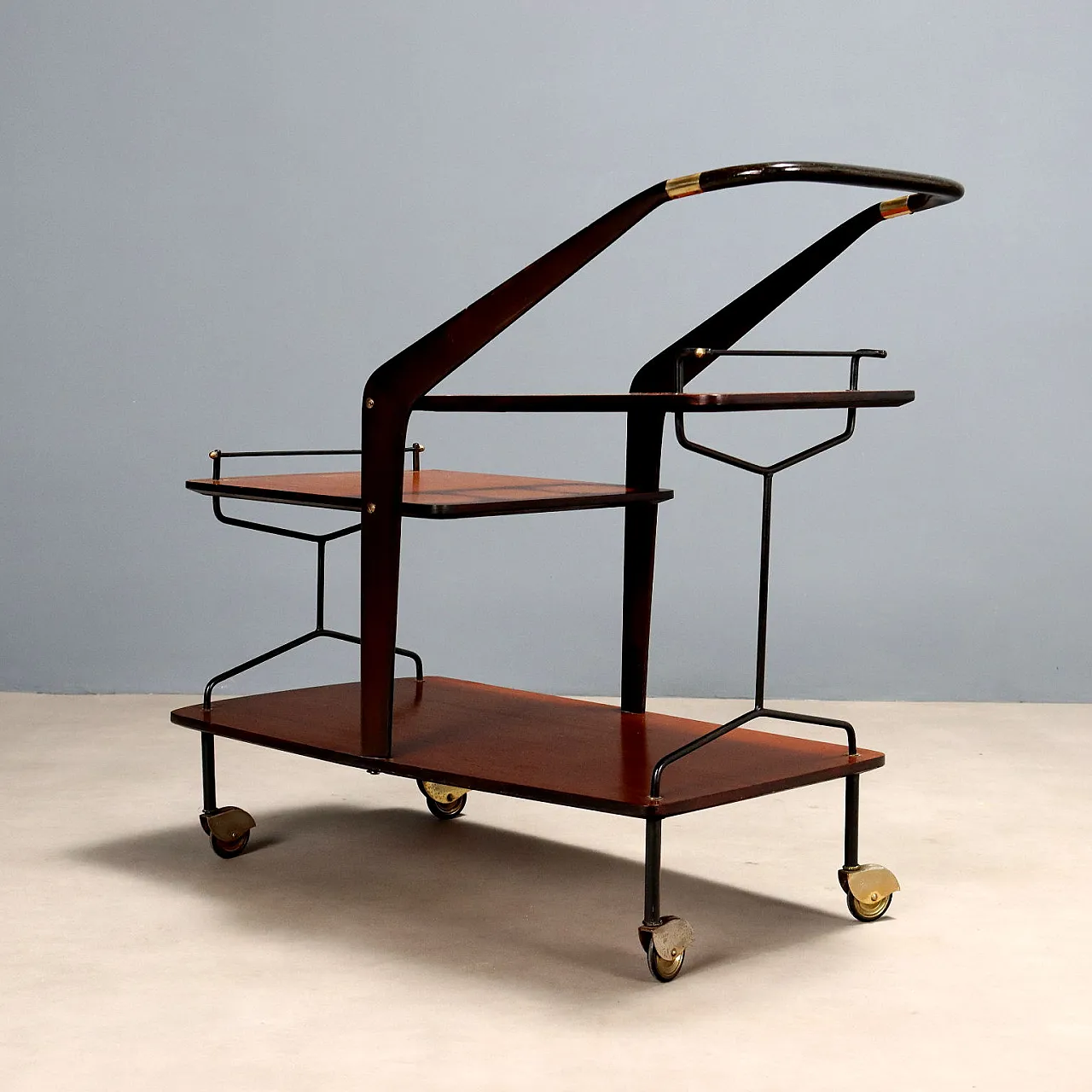 Carrello bar in teak, legno tinto ebano, metallo e ottone, '900 8