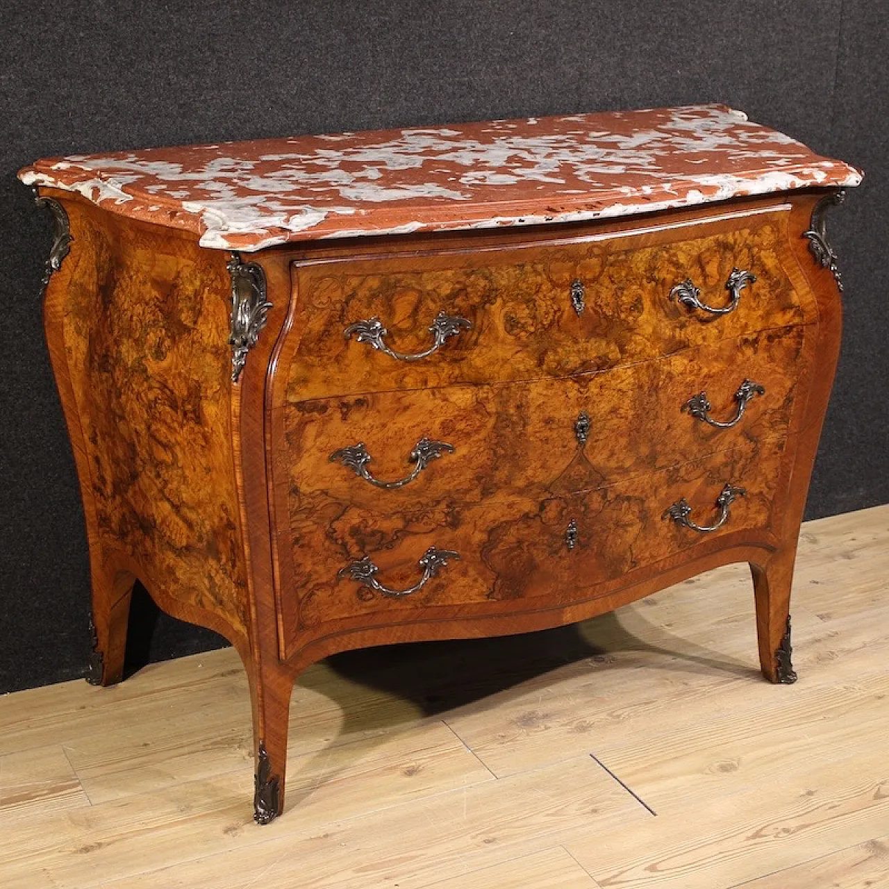 Louis XV style inlaid chest of drawers with marble top, 20th century 1