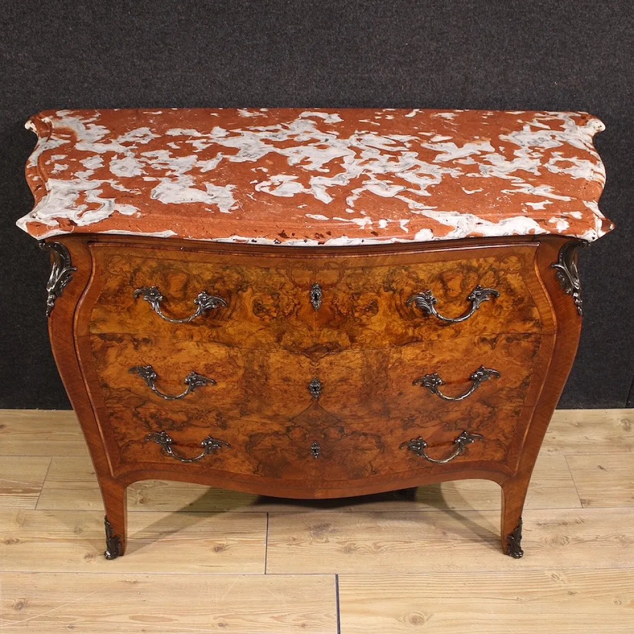 Louis XV style inlaid chest of drawers with marble top, 20th century 2