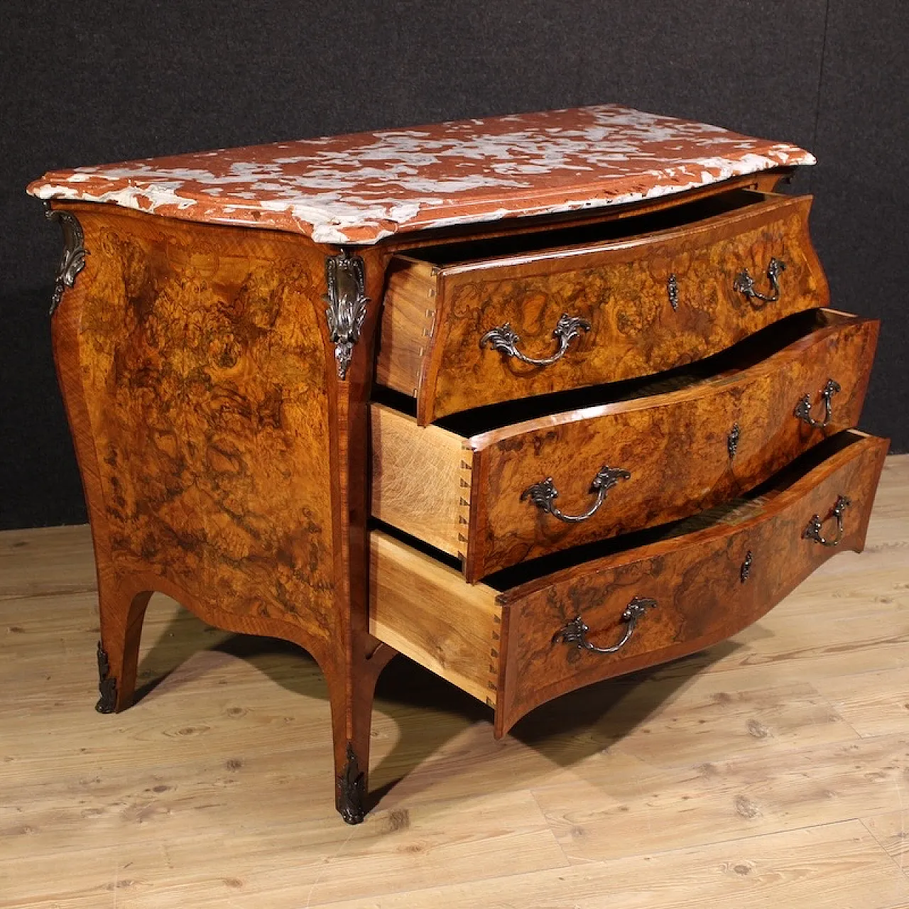 Louis XV style inlaid chest of drawers with marble top, 20th century 3