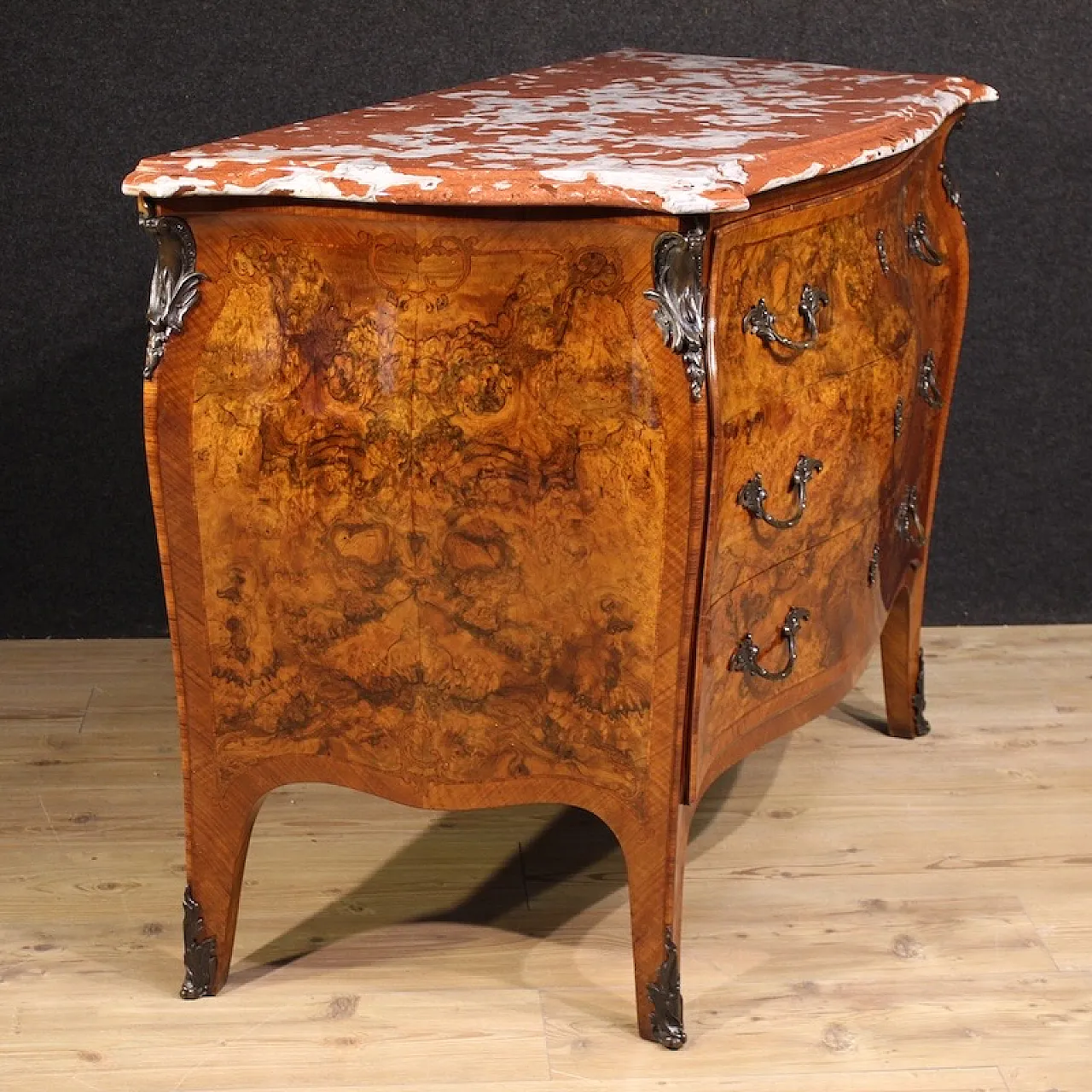 Louis XV style inlaid chest of drawers with marble top, 20th century 4