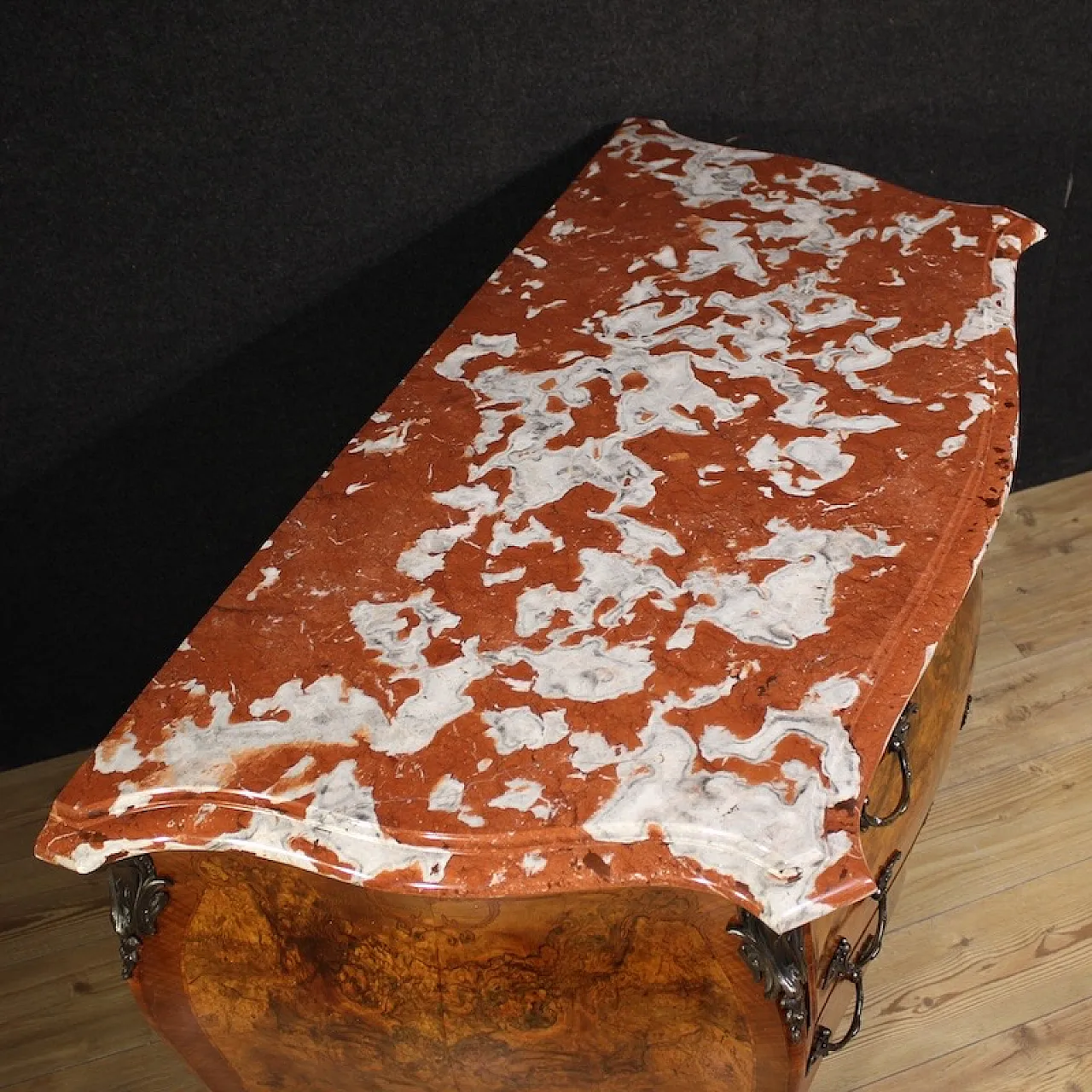 Louis XV style inlaid chest of drawers with marble top, 20th century 5