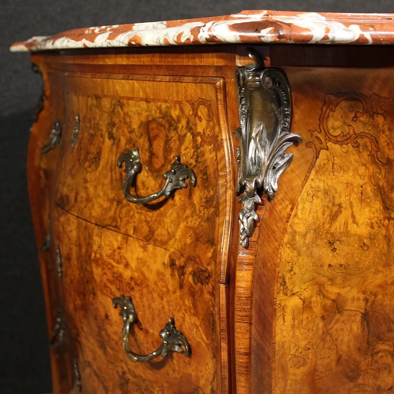 Louis XV style inlaid chest of drawers with marble top, 20th century 10
