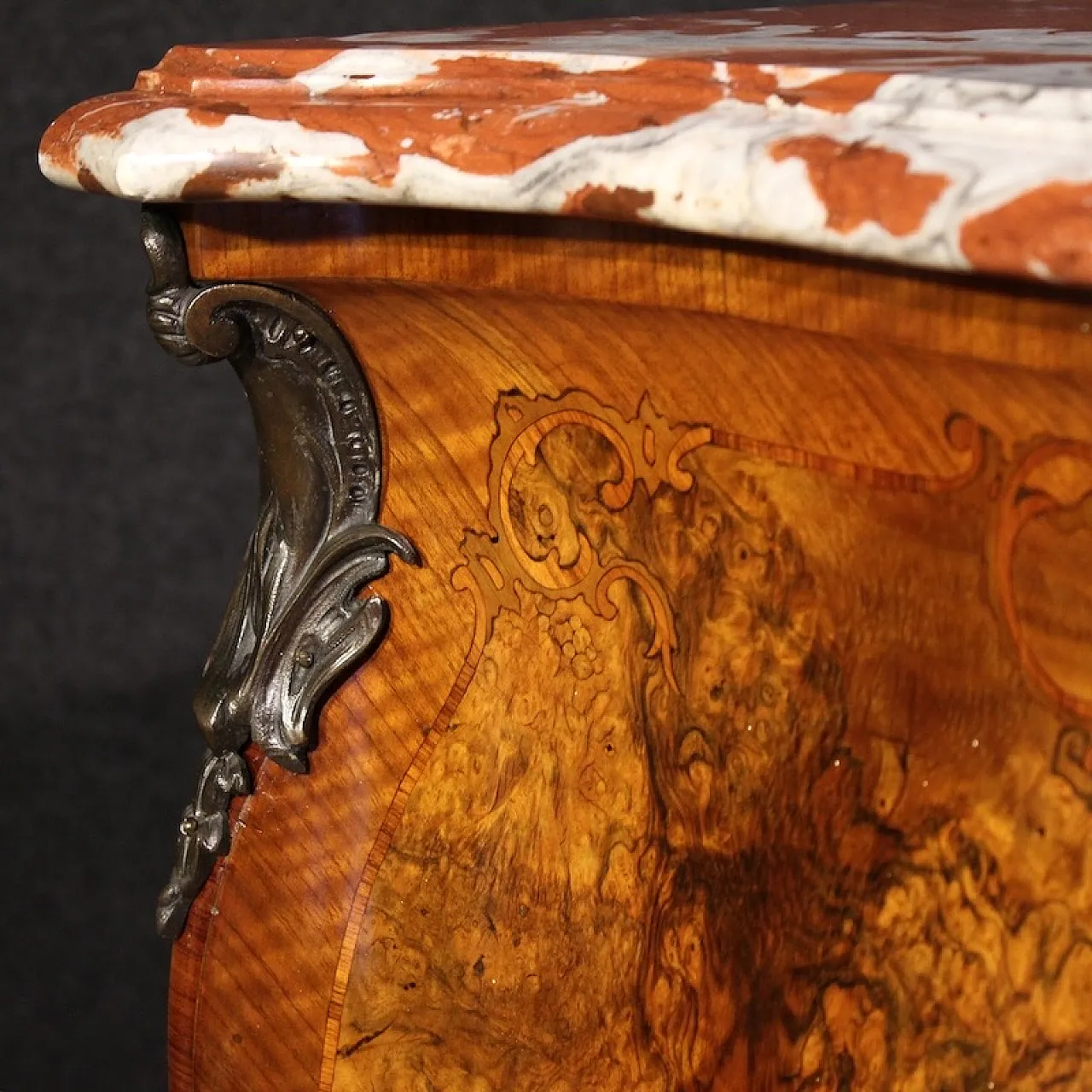 Louis XV style inlaid chest of drawers with marble top, 20th century 11