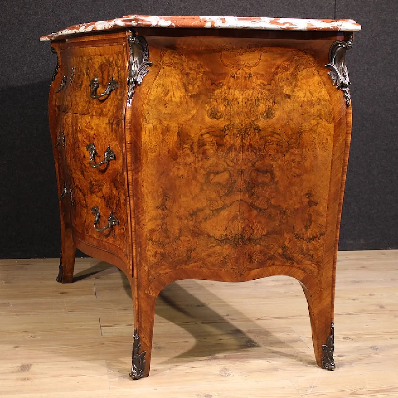 Louis XV style inlaid chest of drawers with marble top, 20th century 12