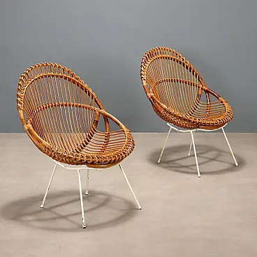 Pair of armchairs in wicker and bamboo, 1960s