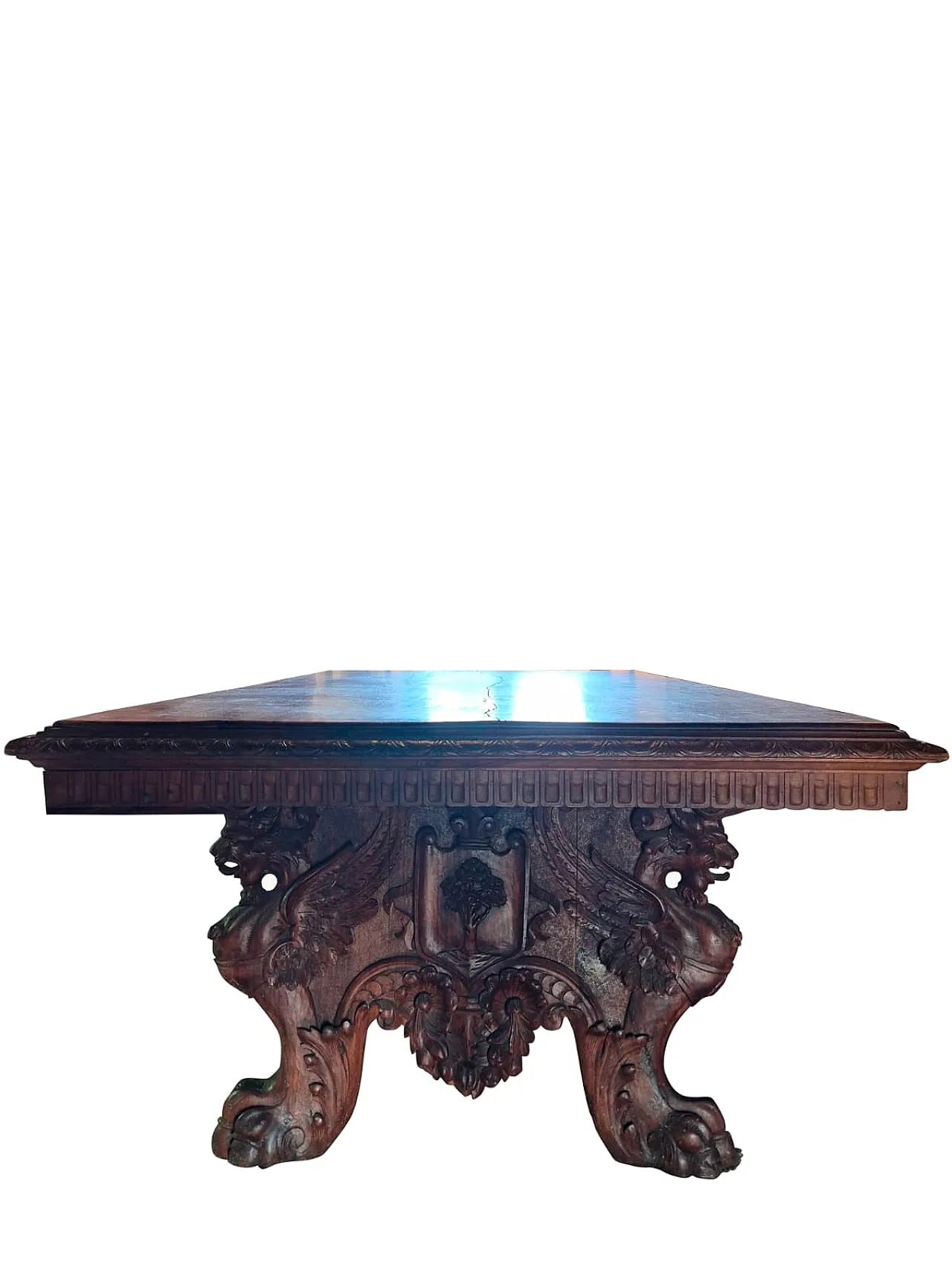Monumental Neo-Renaissance Florentine table in carved walnut, 20th c. 3