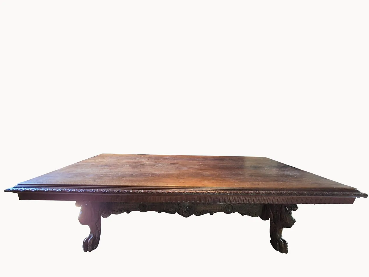 Monumental Neo-Renaissance Florentine table in carved walnut, 20th c. 16
