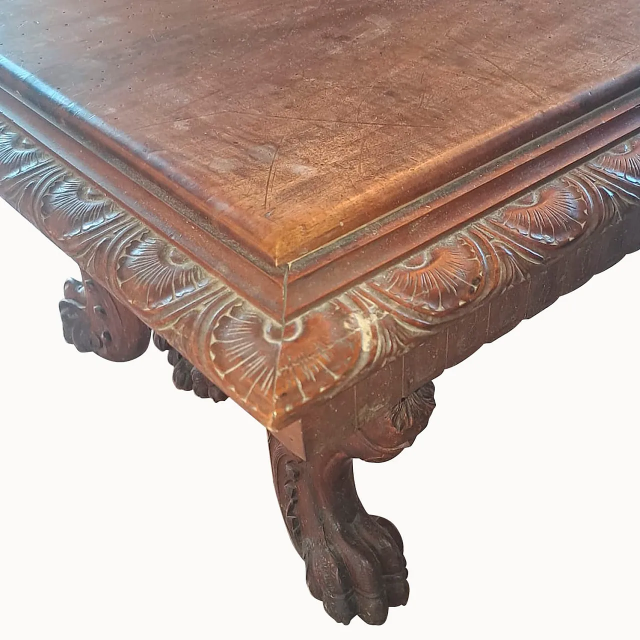 Monumental Neo-Renaissance Florentine table in carved walnut, 20th c. 27