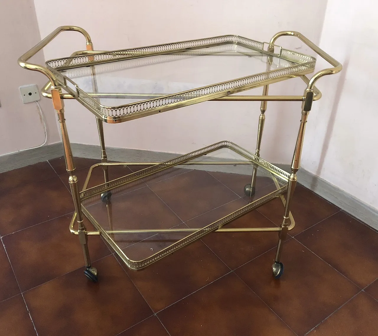 Carrello bar portavivande in vetro e ottone, anni '60 1