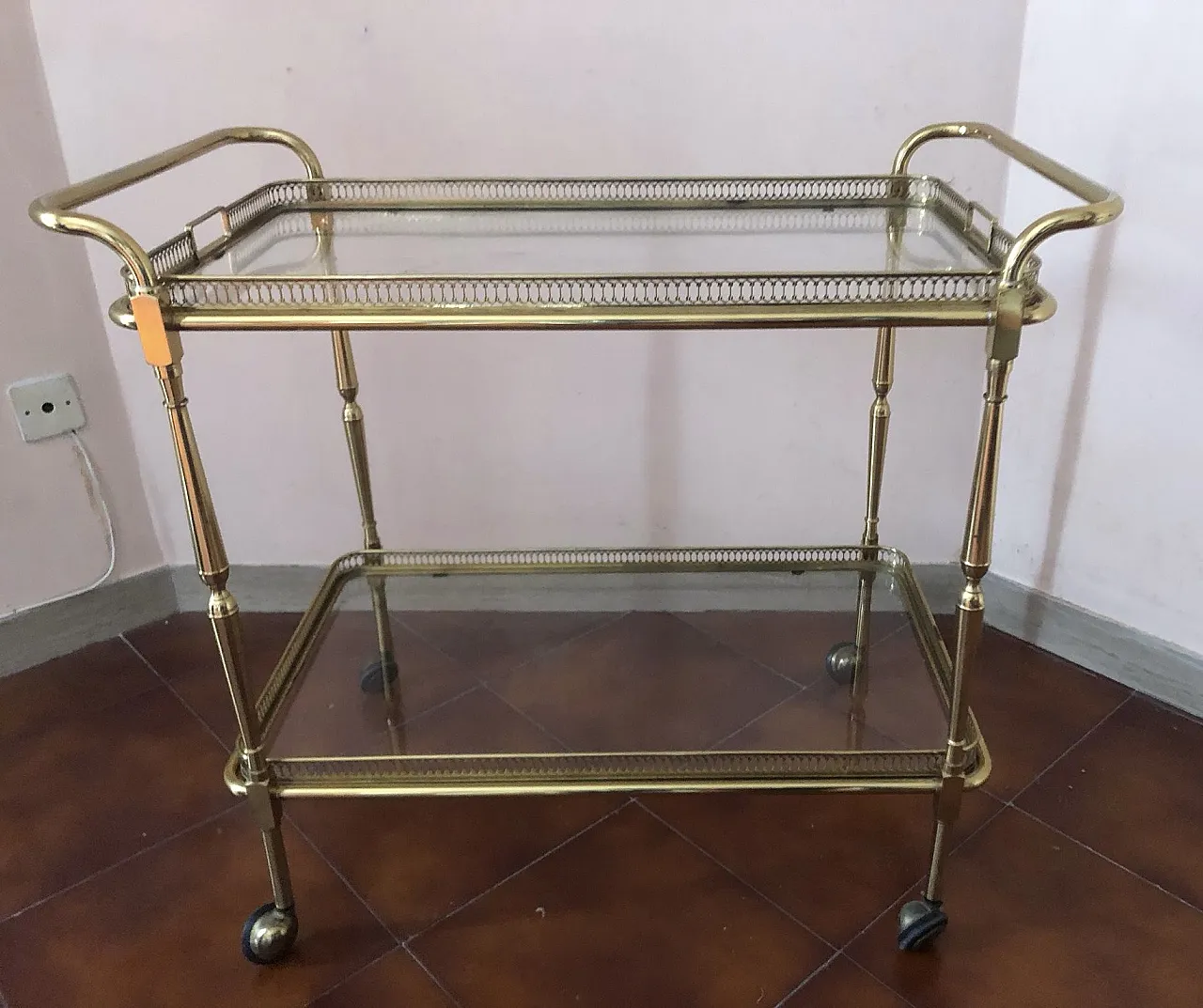 Carrello bar portavivande in vetro e ottone, anni '60 2