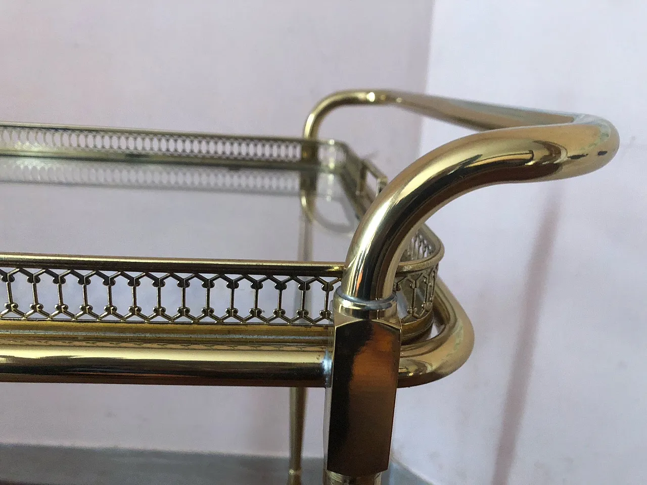 Carrello bar portavivande in vetro e ottone, anni '60 3