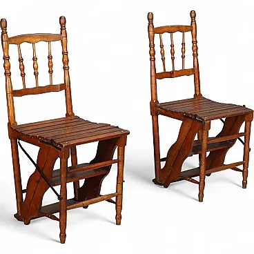 Pair of cherry wood chairs convertible into a ladder, 19th century