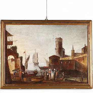 Mediterranean port scene, oil on canvas, 18th century