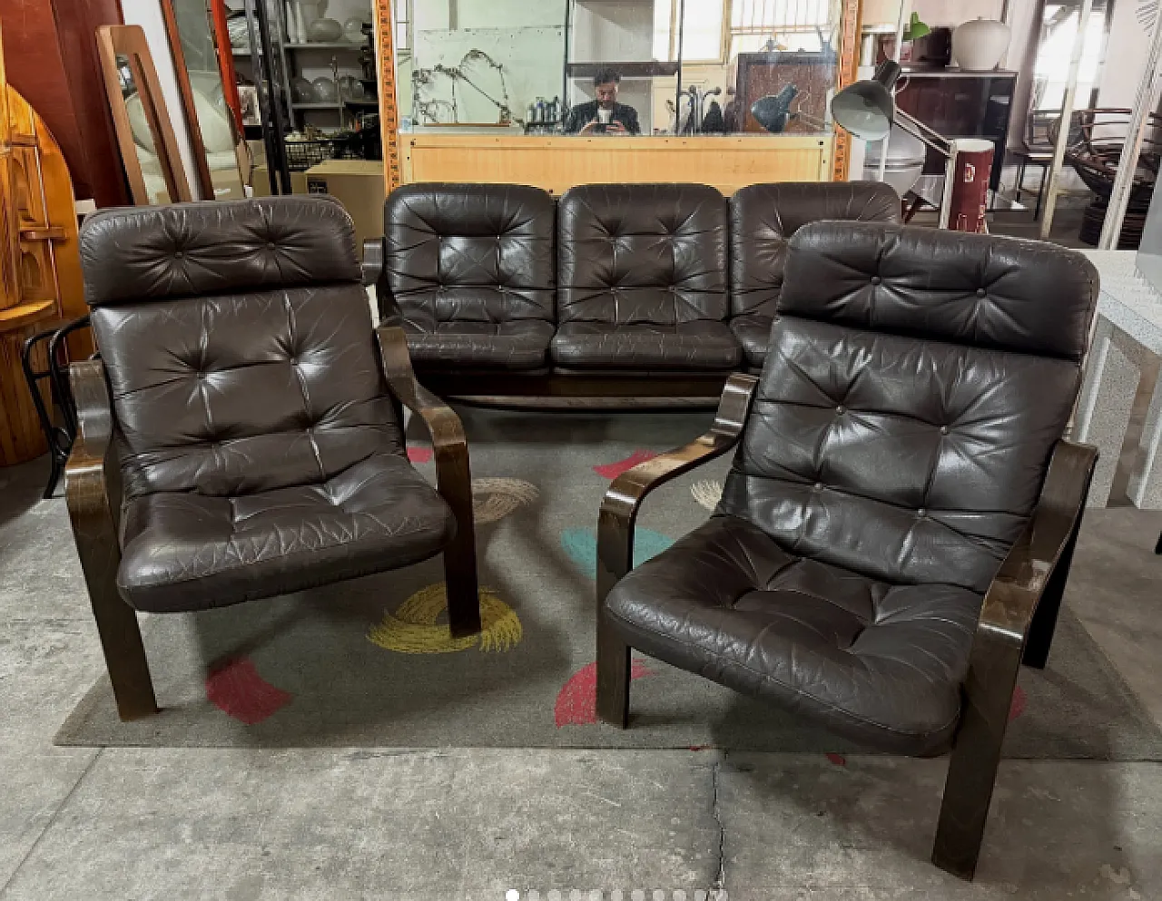 3 Seater sofa and pair of brown leather armchairs, 1970s 1