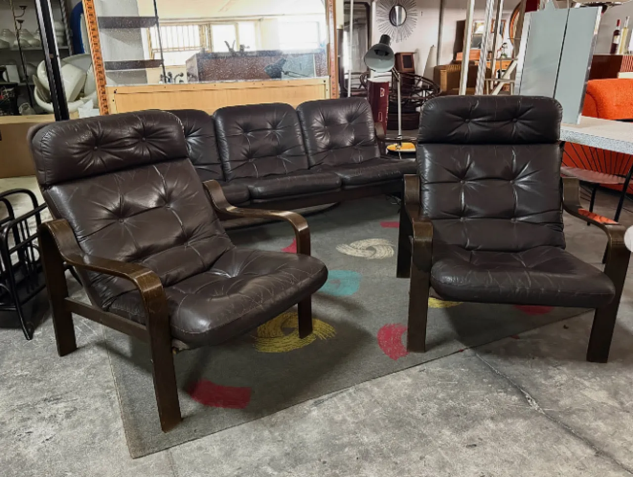 3 Seater sofa and pair of brown leather armchairs, 1970s 2