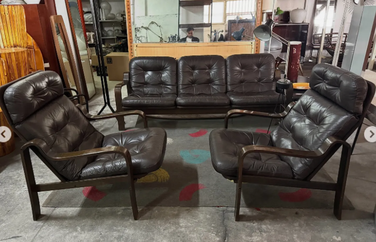 3 Seater sofa and pair of brown leather armchairs, 1970s 3