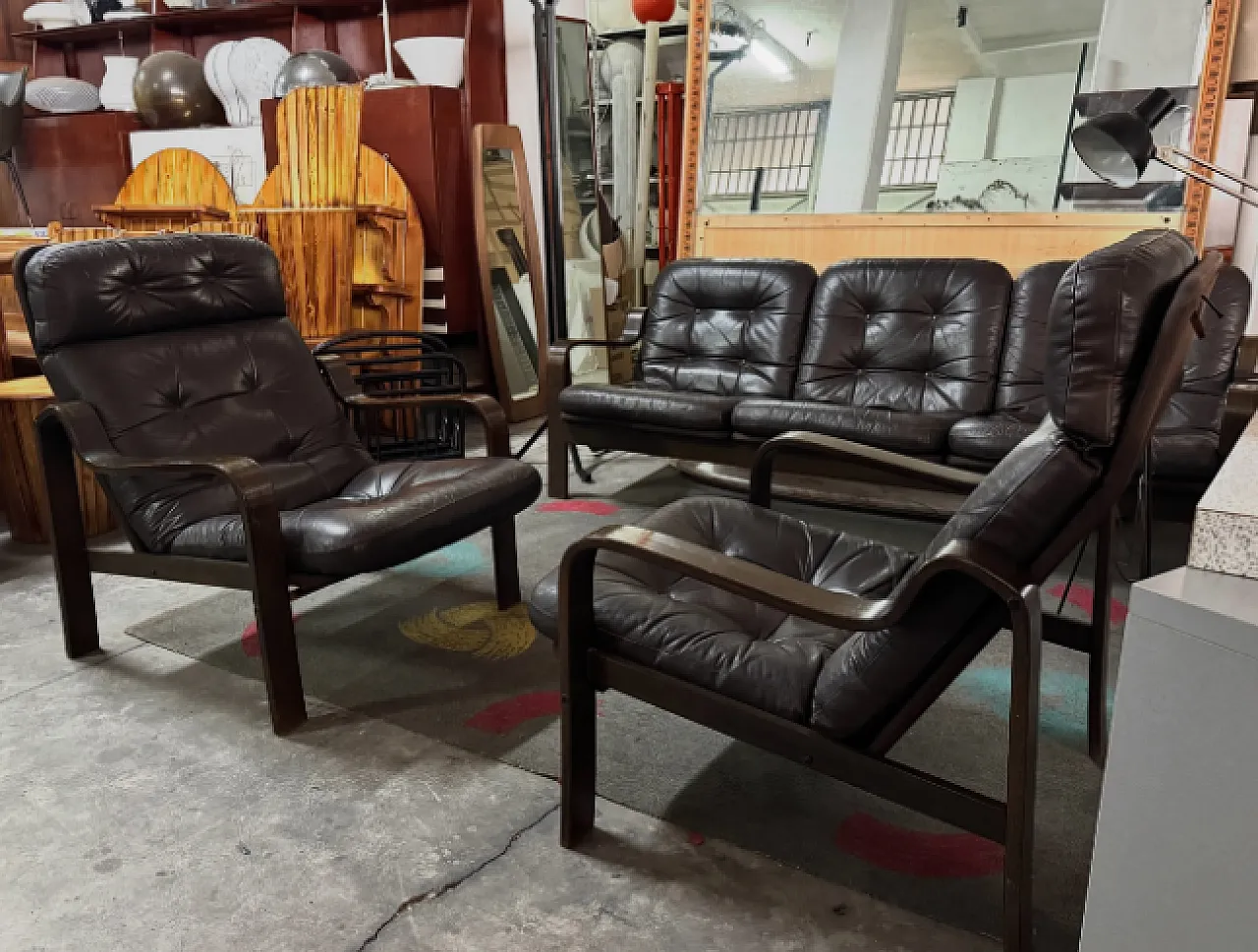 3 Seater sofa and pair of brown leather armchairs, 1970s 4