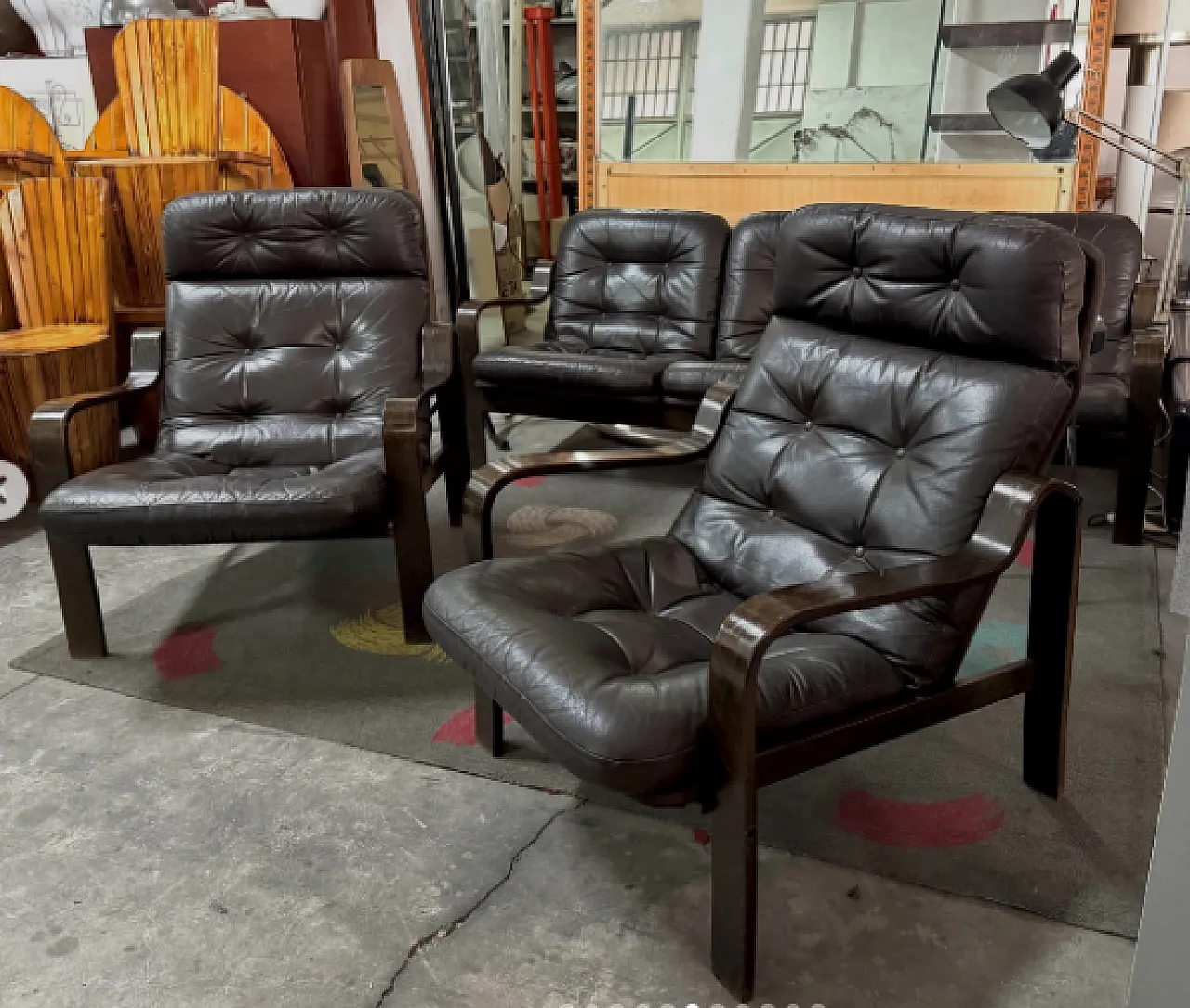 3 Seater sofa and pair of brown leather armchairs, 1970s 5