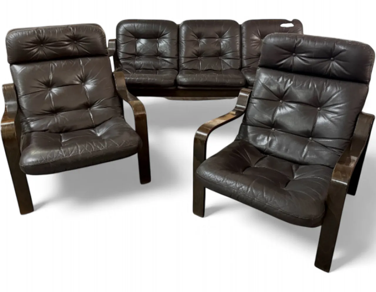 3 Seater sofa and pair of brown leather armchairs, 1970s 9