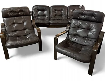 3 Seater sofa and pair of brown leather armchairs, 1970s