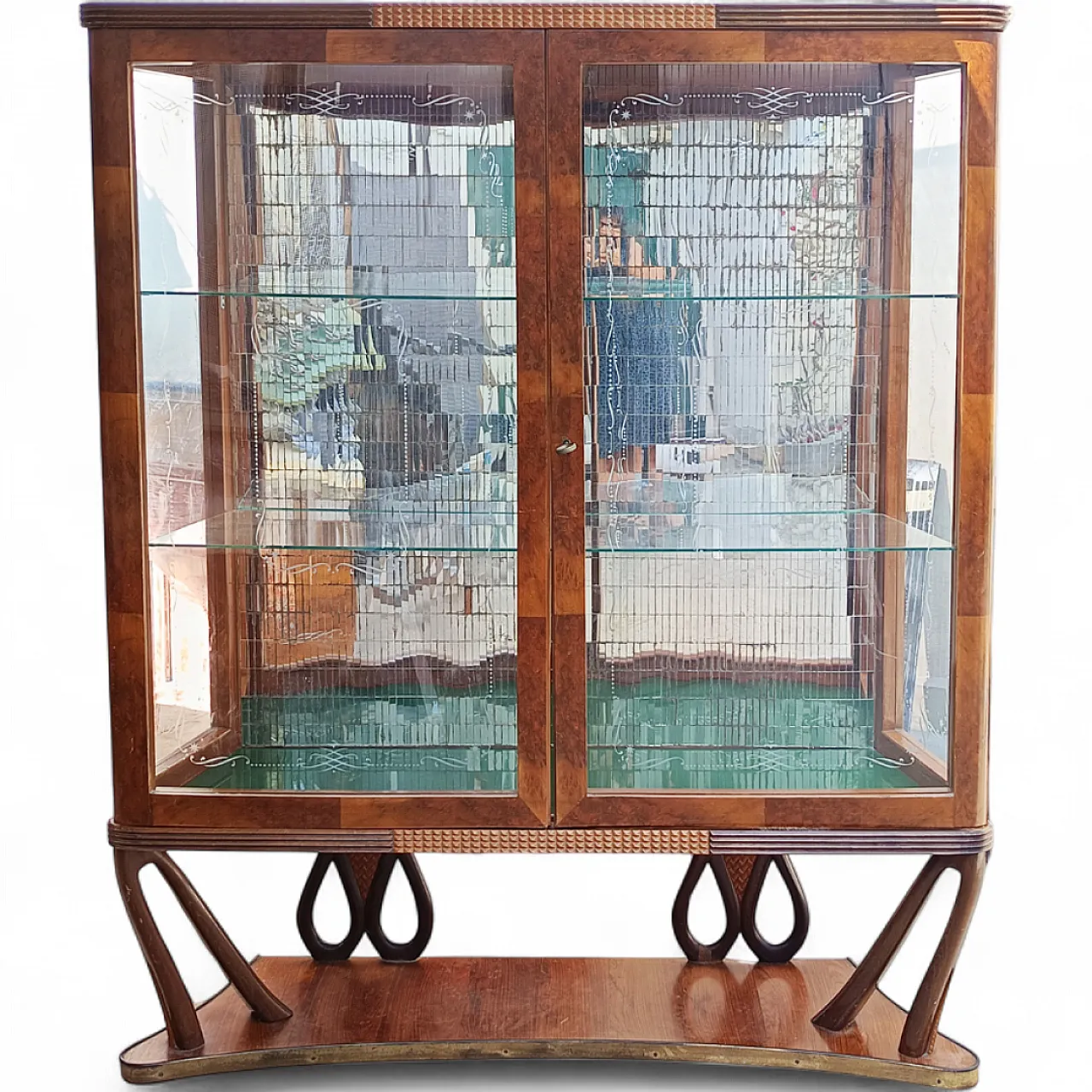 Grande vetrina bar in radica con mosaico di specchi, anni '40 8