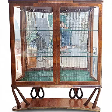 Grande vetrina bar in radica con mosaico di specchi, anni '40