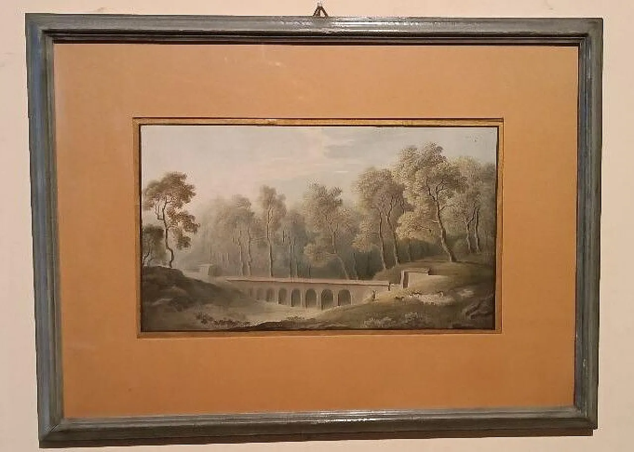 Paesaggio con acquedotto e ponte, acquerello su carta, '800 1