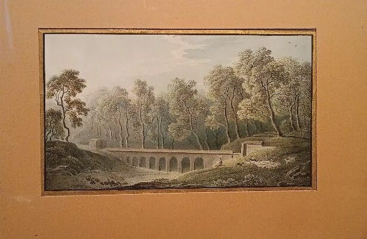 Paesaggio con acquedotto e ponte, acquerello su carta, '800 2