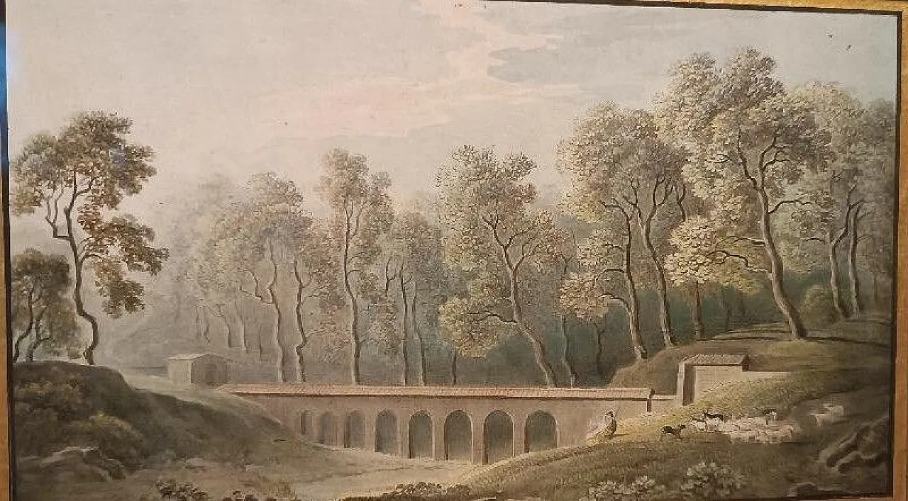 Paesaggio con acquedotto e ponte, acquerello su carta, '800 3