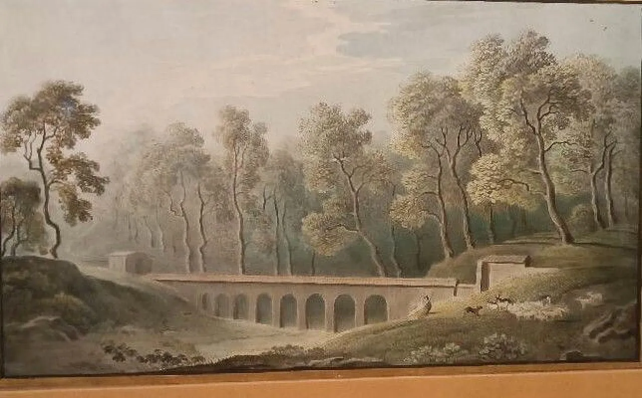 Paesaggio con acquedotto e ponte, acquerello su carta, '800 4
