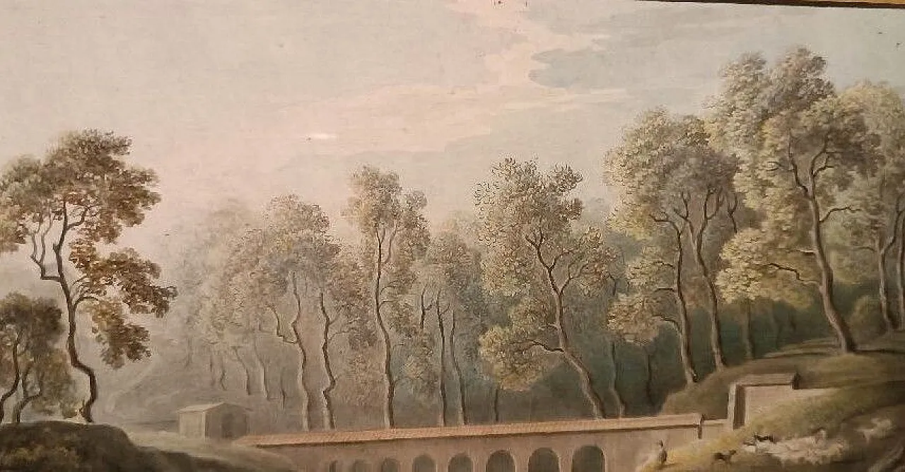 Paesaggio con acquedotto e ponte, acquerello su carta, '800 5
