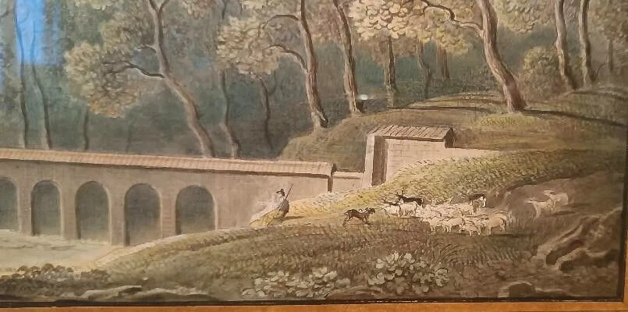 Paesaggio con acquedotto e ponte, acquerello su carta, '800 6