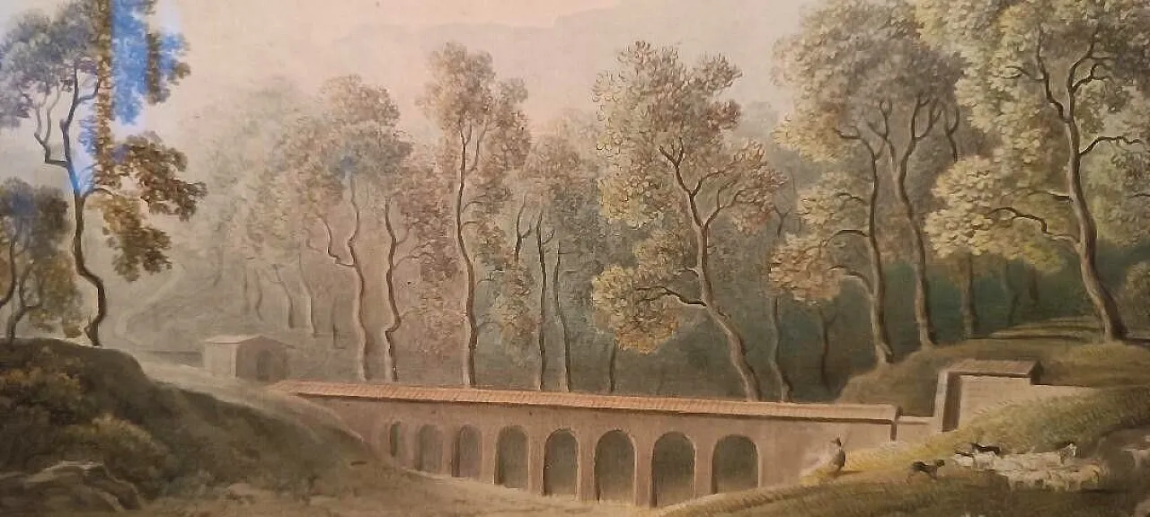 Paesaggio con acquedotto e ponte, acquerello su carta, '800 8